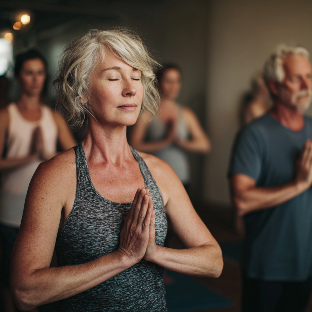 experienced yoga instructor guiding mature adults in peaceful studio environment