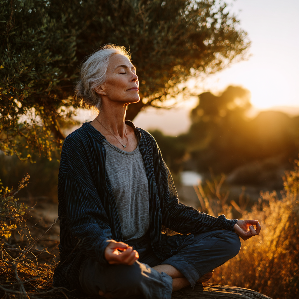 peaceful mature woman practicing yoga meditation in natural setting
